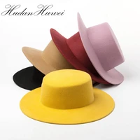 high quality round flat top boater wool fedora hats for women ladies wide brim solid color party formal hat felt gambler cap