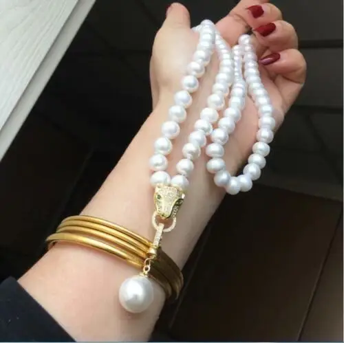 

HUGE 9-10MM NATURAL SOUTH SEA WHITE PEARL NECKLACE LONG 30" + PENDANT