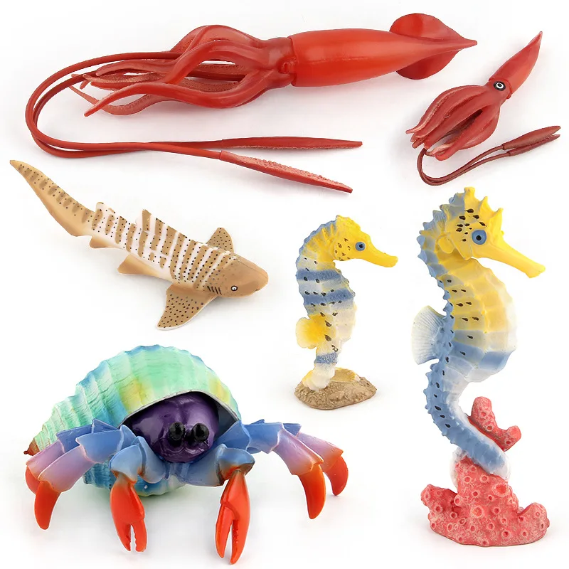 

Sea Life Shark Animal Figure Toys Ocean Animal Hermit crab hippocampus squid Kids Solid Plastic Cement Toys Gift