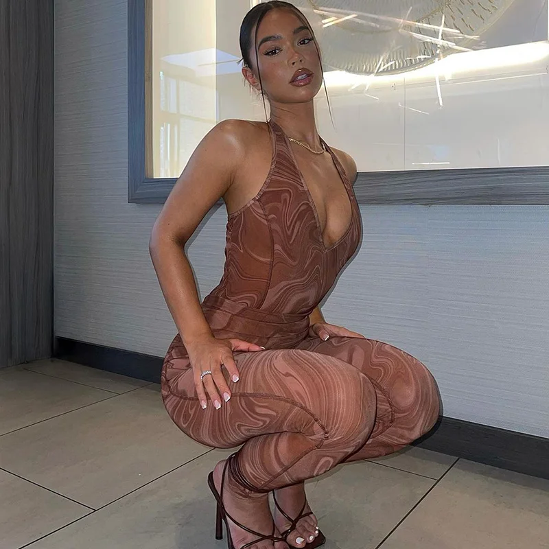 

Zoctuo Print Pants Sets Women 2 Piece Outfits Halter Jumpsuit Pants Set Backless Fashion Streetwear Club Trousers Sets Summer