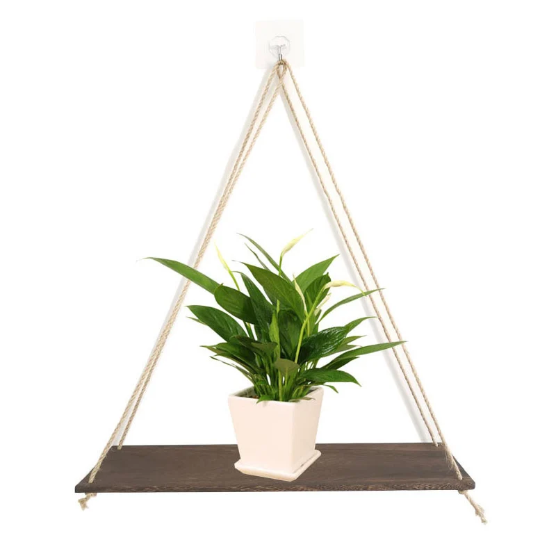 

Wooden Rope Swing Wall Hanging Plant Flower Pot Tray Mounted Floating Wall Shelves Nordic Home Decoration Modern Simple Design