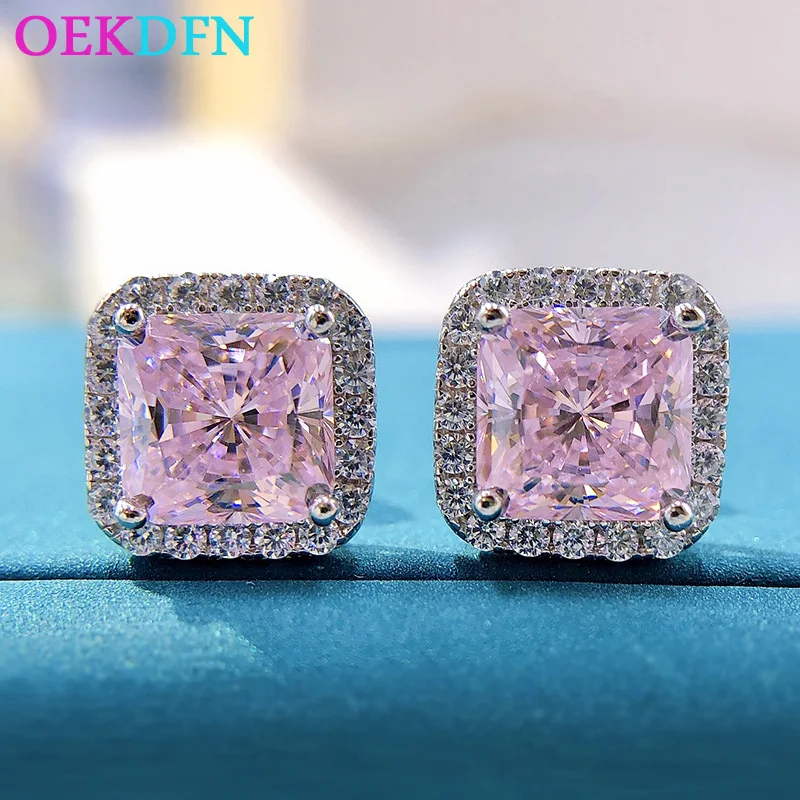 

OEKDFN Fashion 925 Sterling Silver Earring Created 7*7MM Citrine High Carbon Diamond Stud Earrings For Women Party Fine Jwelry