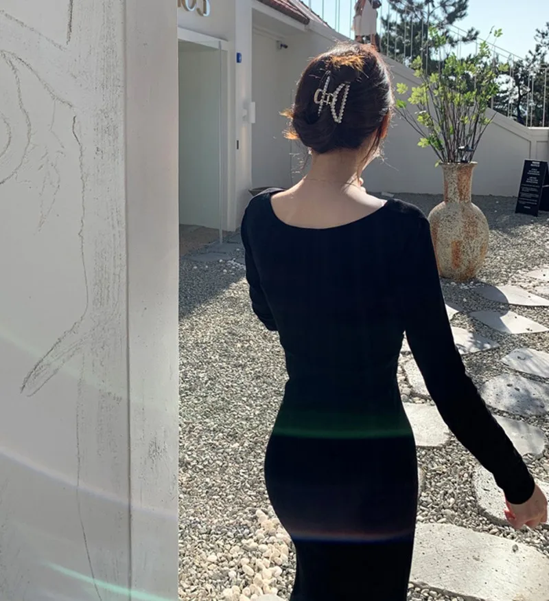 

2020 Autumn winter Dresses Women's V-neck Sheath Mermaid Dress Elegant Korean Bodycon knit dress Vestidos