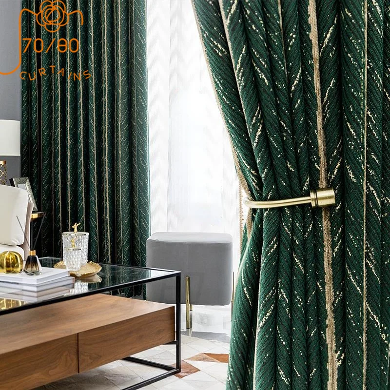 Nordic Dark Green Fishbone Striped Jacquard Thickened Blackout Curtains for Living Room Bedroom Bay Window Customization