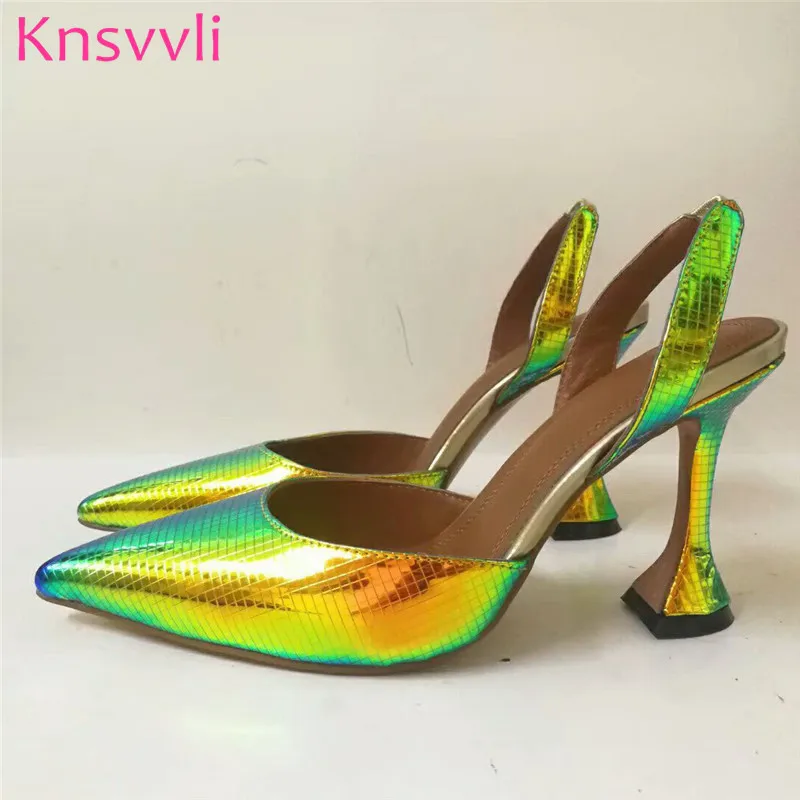 Женские туфли-лодочки золотого и зеленого цвета босоножки слингбэк пикантная