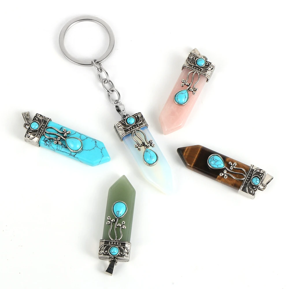 

Reiki Yoga Chakra Natural Hexagonal Bullet Stone Pendant Keychain Ring For Men Women