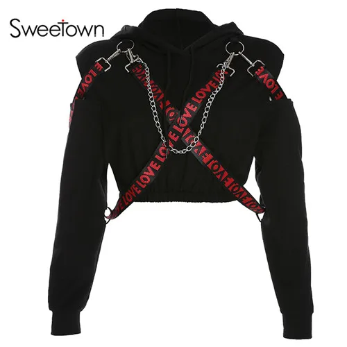 black Sweetown черные панк готические женские толстовки с металлическими цепочками с вырезами с длинным рукавом Женские s кроп Толстовки Кофты Уличная - Цвет: black
