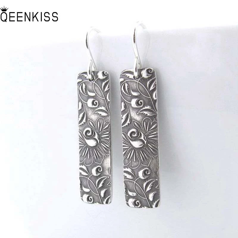 

QEENKISS EG6333 2022 Fine Jewelry Wholesale Fashion Woman Girl Birthday Wedding Simple Retro Square Antique Silver Drop Earrings