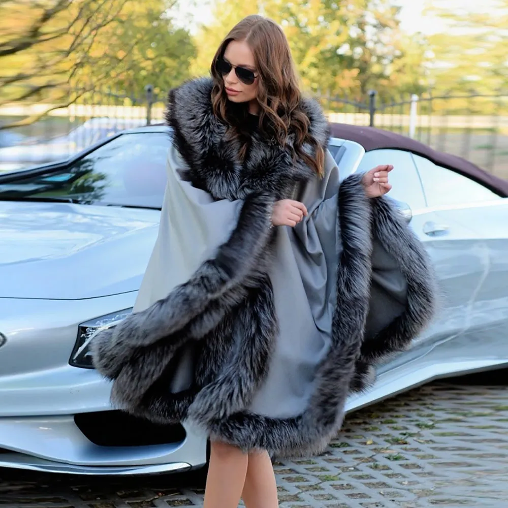 Fashion Women Natural Silver Fox Fur Cashmere Capes Luxury Full Pelt Genuine Fox Fur Ponchos Female Winter Fur Wool Blend Shawl