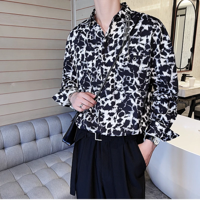 2021 Leopard Print Men's Shirt Long Sleeve Loose Social Party Tuxedo Men Clothing Streetwear Hip Hop Harajuku Chemise Homme