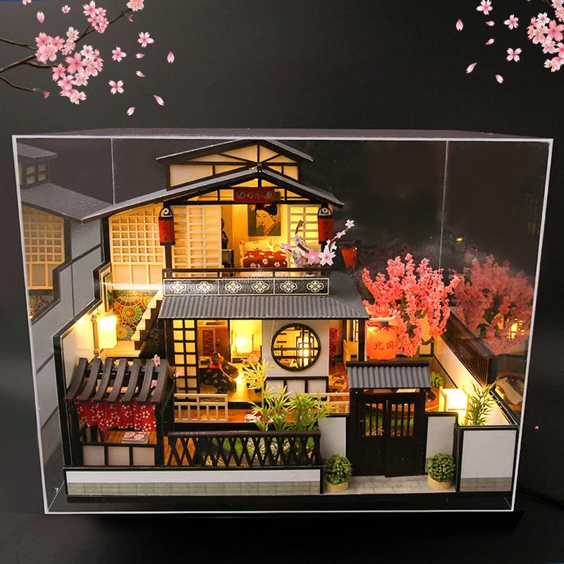 New Japanese Architecture DIY Wooden Dollhouses with Sakura Assembled Miniature Furniture Doll House Toys for Adult Gift | Игрушки и