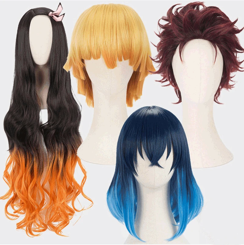 High Quality Anime Demon Slayer Cosplay Long Wig and Hairnet Chiamon Tanjiro Chiamon Ni Beans Cosplay High Temperature Wire Wig