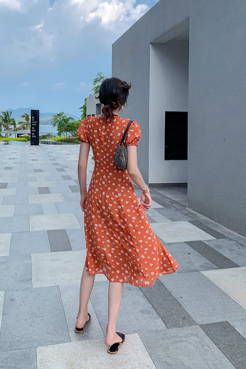 

Dresses for Women Summer French Style Vintage Floral Vacation Ins Puff Sleeve Long Dress Fairy Short Sleeve Split Dresses