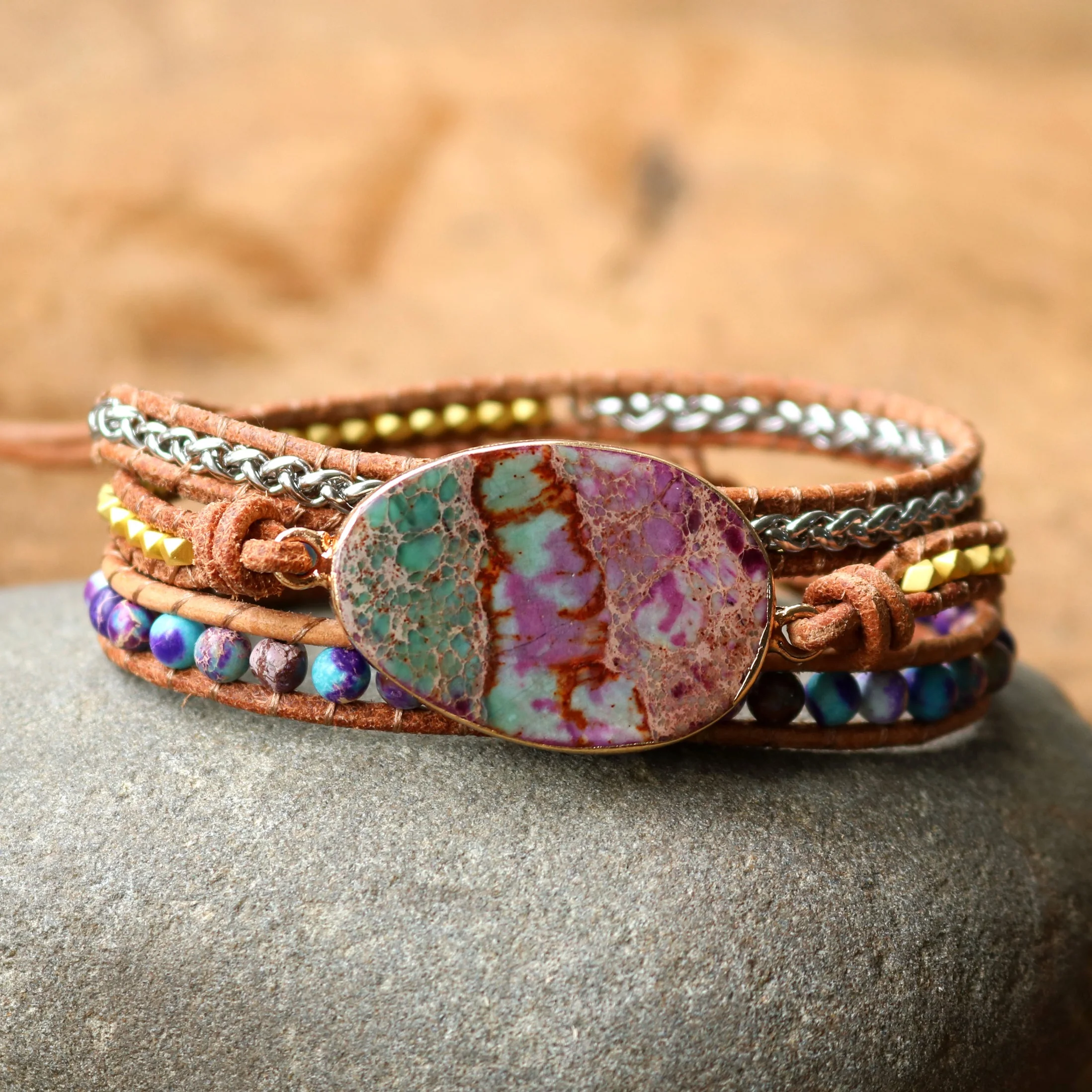 Многожильный кожаный браслет с бусинами и цепочкой из натурального камня|Гибкие