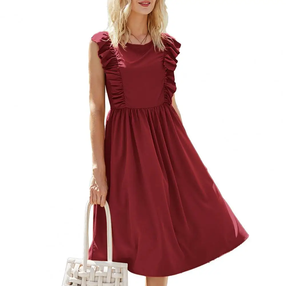 

Casual Women Dress Exquisite Retro Stylish Ruffle Sleeveless Lady Slim Dress Elegant Party Dresses
