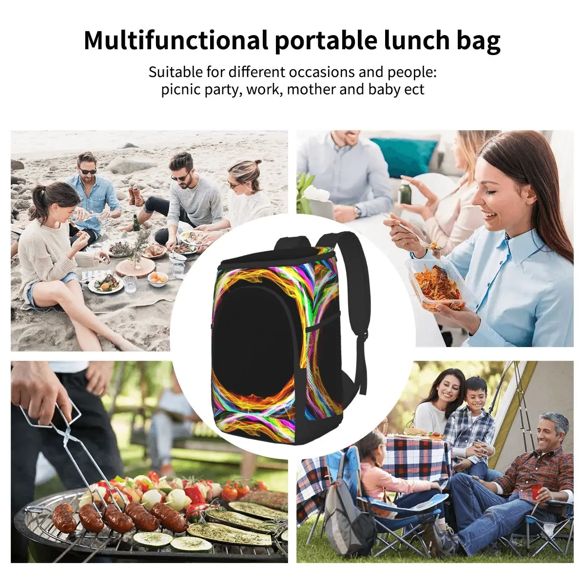 

Thermal Backpack Waterproof Thickened Cooler Bag Large Insulate Bag Picnic Cooler Backpack Refrigerator Bag Round Rainbow Border