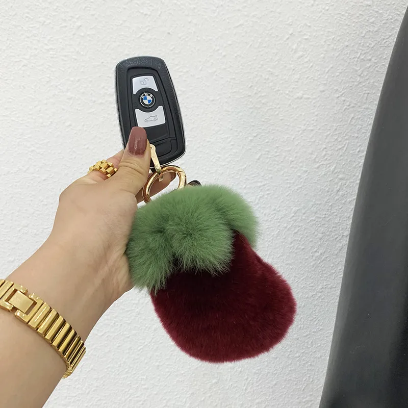 12cm Real Rex Rabbit Fur Keychain Pompom Ball Cute little eggplant Fluffy Keyring Handbag Car Pendant Metal Ring Gift | Украшения и