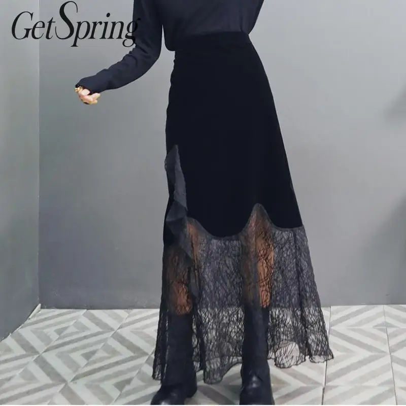 Getвесенняя Женская юбка бархатная Лоскутная кружевная женская s черная