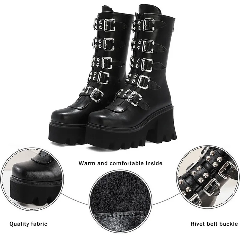 Женские сапоги на танкетке черные до бедра платформе обувь для косплея в