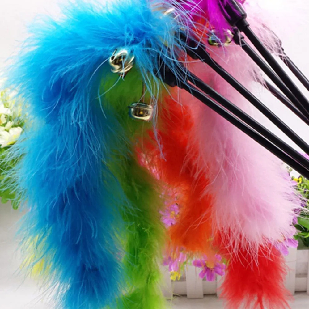 

Pink Blue color Turkey Feather Wand Stick For Cat Catcher Teaser Toy For Pet Kitten Jumping Train Aid Fun