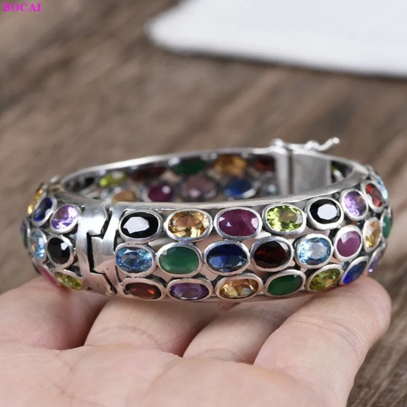

BOCAI S925 Sterling Silver Bracelet Temperament Thai Silver Garnet Colorful Gemstone Bangle Pure Argentum Women's Hand Jewelry