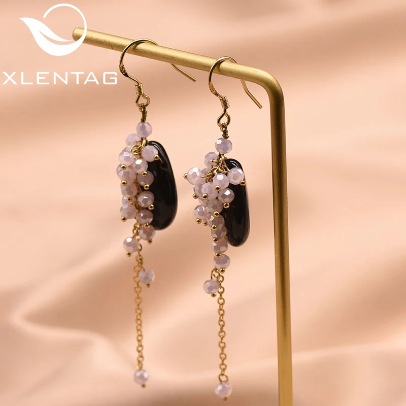 XlentAg серьги-капельки из натурального черного камня розовый камень классические