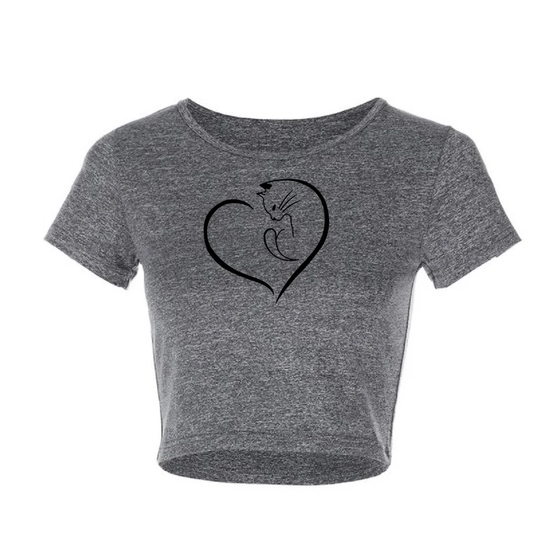 Женская летняя Однотонная футболка с коротким рукавом и принтом кошки | одежда