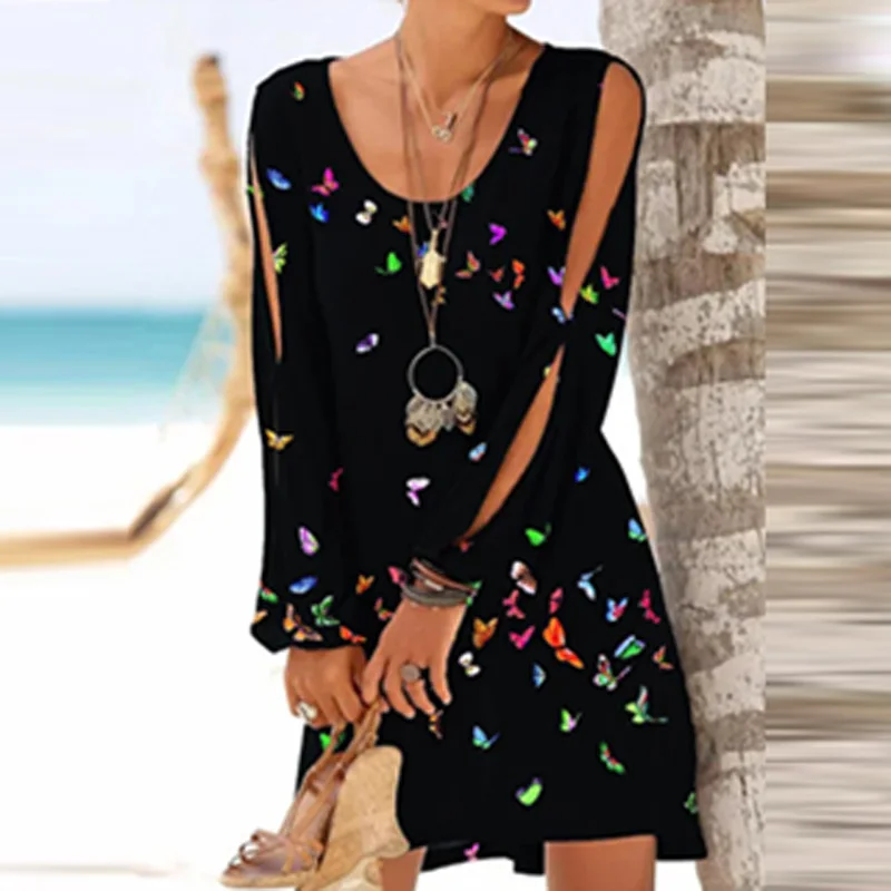 

2021 Spring Long Sleeve Hollow Out Dresses Vintage Butterfly Print Summer Beach Dress Women Elegant Round Neck Loose Mini Dress