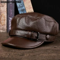 new genuine leather mens leather hat woman autumn winter hat warm military hats first layer cowhide flat cap casquette gorra