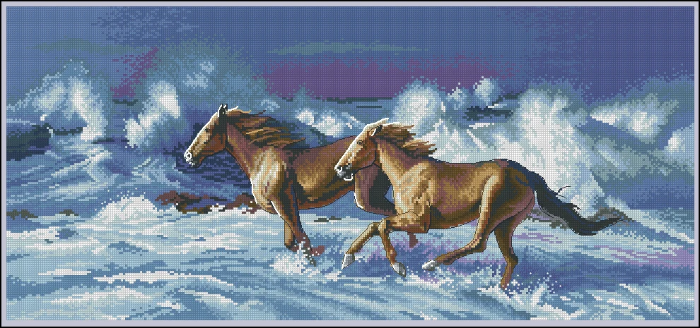 

100% egypt COTTON Counted Cross Stitch Kit Wave Runner Galloping Horses Two Brown Horse Running dim 35142