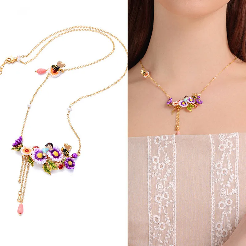 

European and American New Product Personality Tassel Pendant Necklace Hand-painted Enamel Glaze Flower Short Clavicle Chain