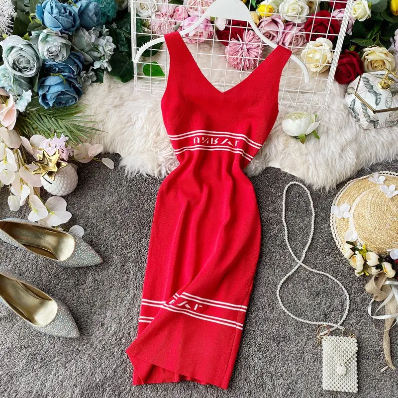 Женское трикотажное платье на бретельках LUOSHA обтягивающее свитер с v образным