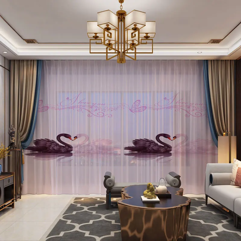 

3D Digital Printed Photo Tulle Customized Drape Panel Sheer Curtains for Living Room Bedroom Flamingo Swan Lovers