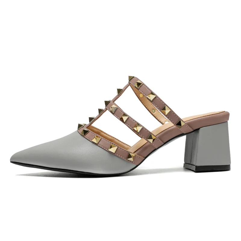 

2021 new custom rivet shoes set mouth fashion Baotou thick heel sandals pointed toe black party women's high heels