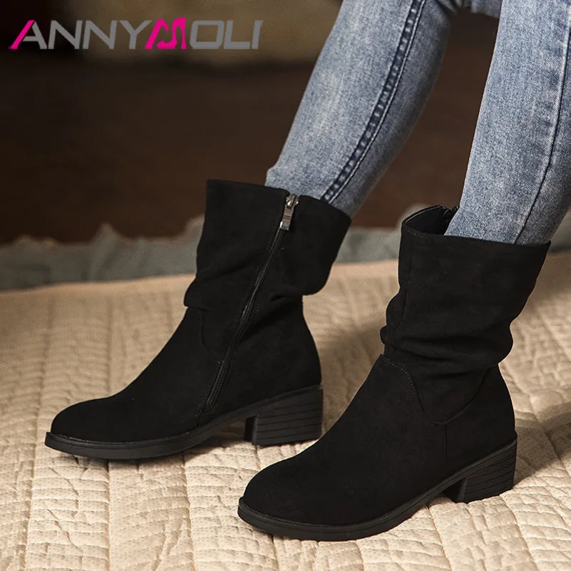 

ANNYMOL Ankle Boots Med Heel Woman Boots Pleated Thick Heel Shoes Zip Round Toe Ladies Short Boots Autumn Winter Black Size 40