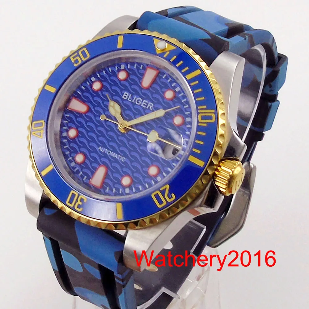 

BLIGER Brand 40mm Blue Dial Automatic Men Watch MIYOTA Movement Date Window Rubber Strap Spiral Crown Sapphire Glass New