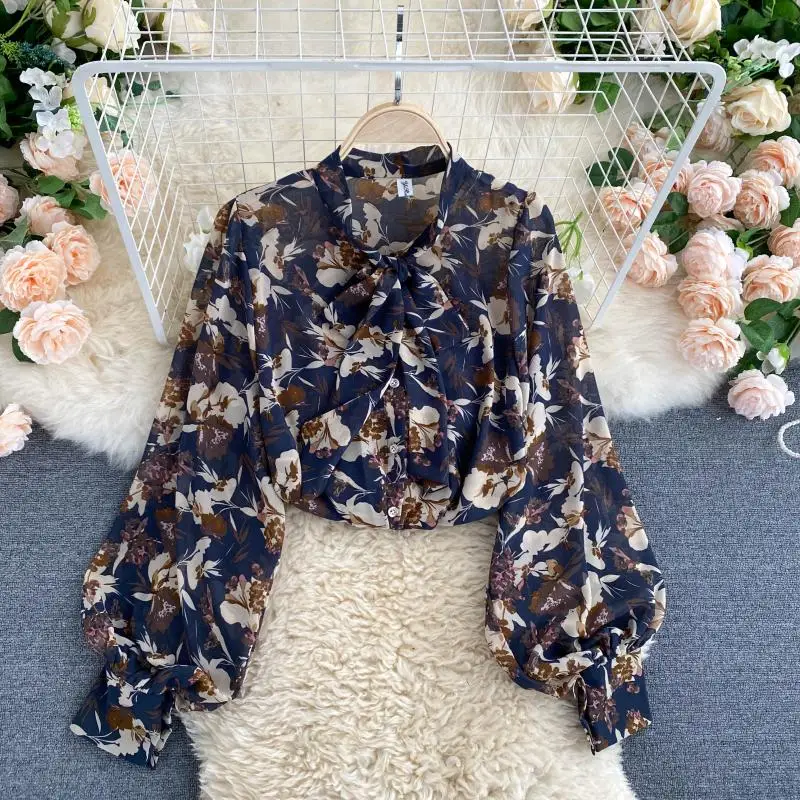 

Women's French Retro Blouse Lady's Shirts Autumn New O-Neck Bow Long Sleeve Floral Fairy All-match Shirt Female Blusa GK489