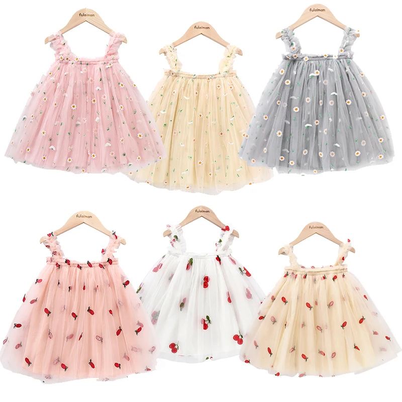 

Фатиновое платье принцессы без рукавов для маленьких девочек, милые платья для девочек с маргаритками/вишнями, детское летнее праздничное ...