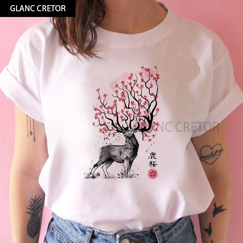 

Cartoon Sika deer head print tshirts Graphic tees tops women funny t shirt white Tops casual short sleeve