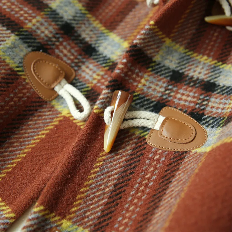

Temperament College Style Horn Buckle Loose Woolen Coat Women Autumn And Winter 2020 New Plaid Hooded Thickened Women's CoatB089