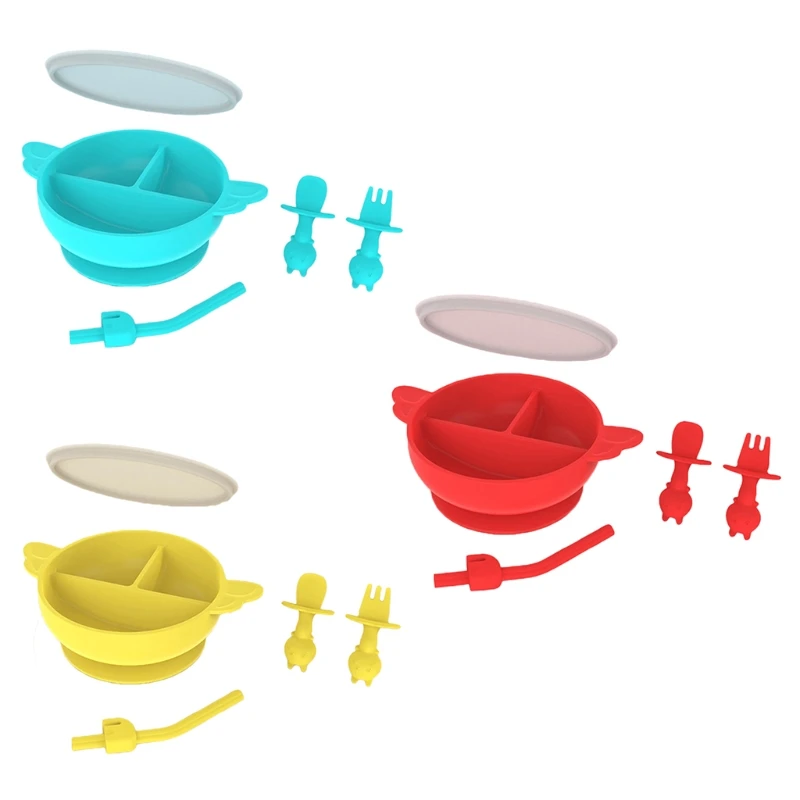 

1Set Slicone Baby Feeding Bowl Set Baby Learning Dishes Suction Bowl Set Fork Spoon Straw Non-Slip for Babies BPA Free