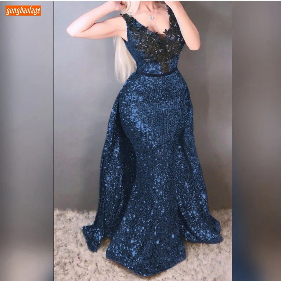 

Royal Blue Evening Dress Long Sleeves Glitter Sequin Sexy Mermaid Women Party Gowns 2020 Slim Fit Custom Made Reflective Dresses