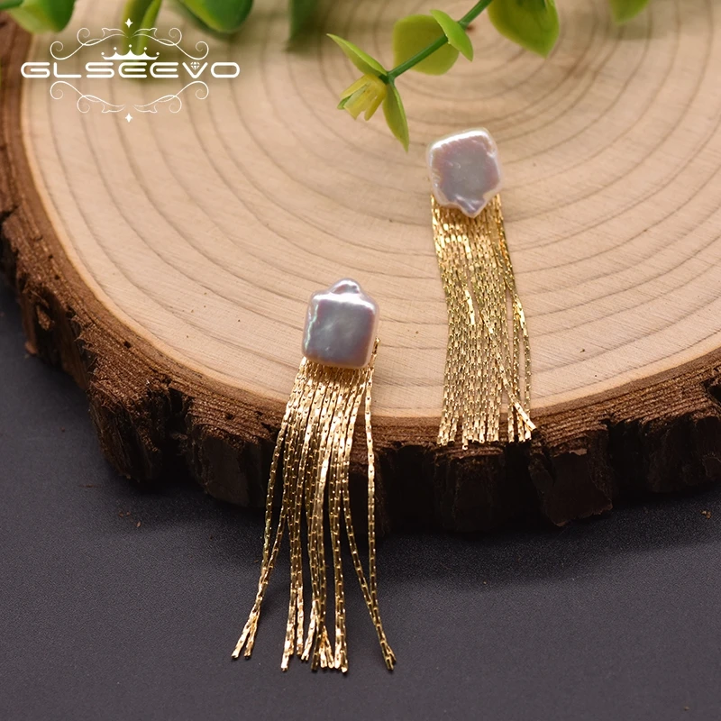 GLSEEVO Золотая кисточка необычные серьги-гвоздики пресноводный барочный жемчуг