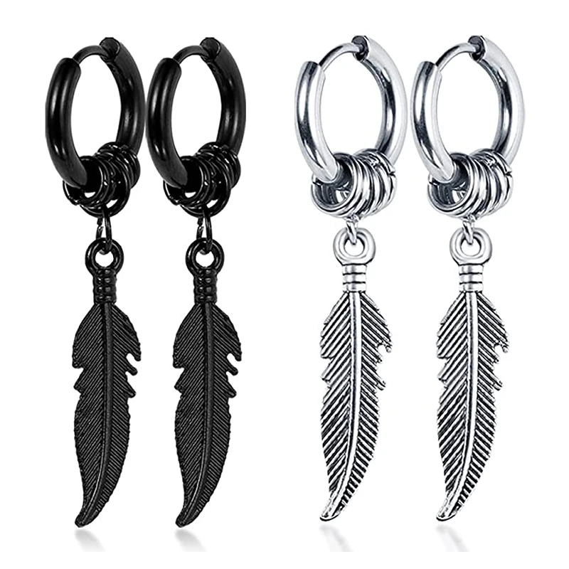 2 Pairs Fashion Cross Feather Stud Earrings Punk Rock Style For Women Men High Quality Stainless Steel Hiphop Ear Jewelry