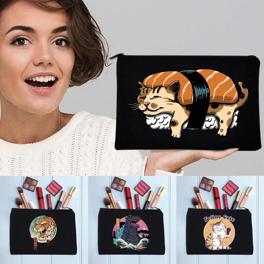

Fashion Japan-cat Pattern Women's Cosmetic Bag Zipper Makeup Bag Female Handbags Black Pencil Cases