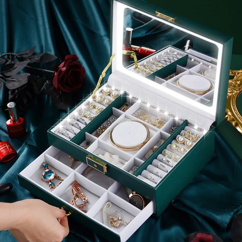 

Jewelry Box Diamond Jewelry Organizer Earring Rings Bracelet PU Mirror Multi Layer LED Makeup Pull-out Jewelry Storage Box