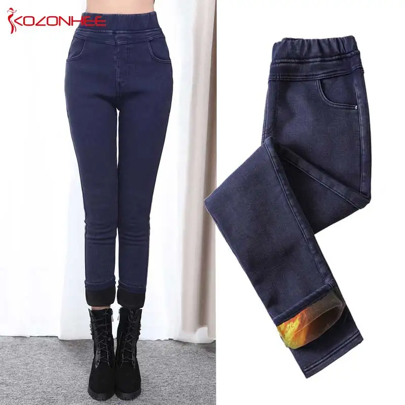 Новые эластичные теплые джинсы большого размера с высокой талией кашемировые