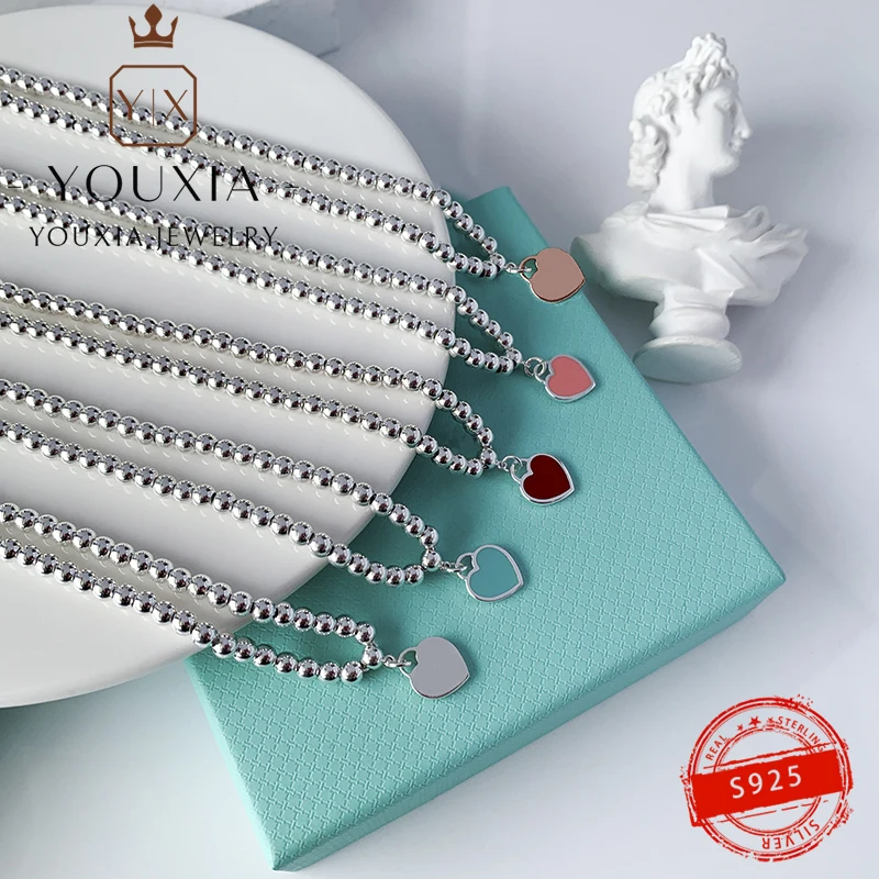 

1:1 925 Silver Necklace High Quality Customized Fashion Trend Five-color Heart-shaped Bead Necklace Couple Gift With Logo Jewelr