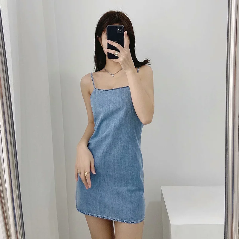 

Женское джинсовое платье на бретелях, универсальное однотонное платье из денима с эффектом потертости, весна-лето