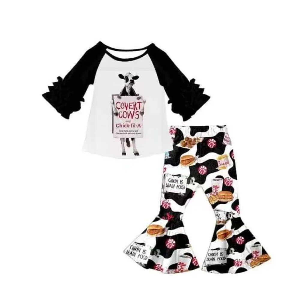 

Baby girls fall children icing long sleeve raglan top tee shirt heifer cow bell bottom pants kids outfits
